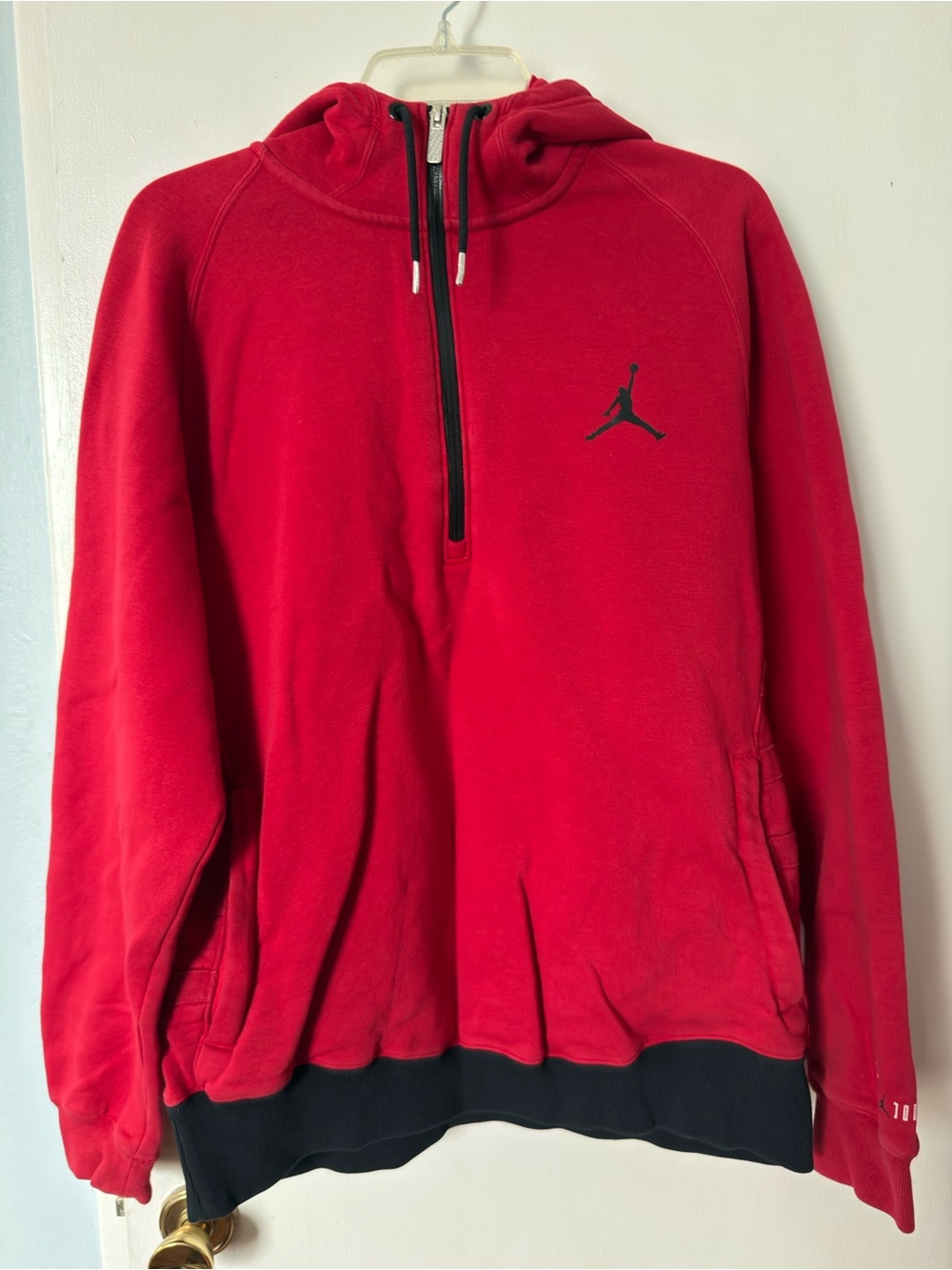 Nike Air Jordan Red Quarter Zip Black Jumpman Logo W/ Pockets Pullover Hoodie L